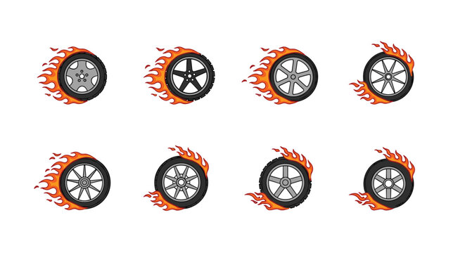Collection of various car wheel rims with bright orange and red flames trailing behind them to represent speed and power.
