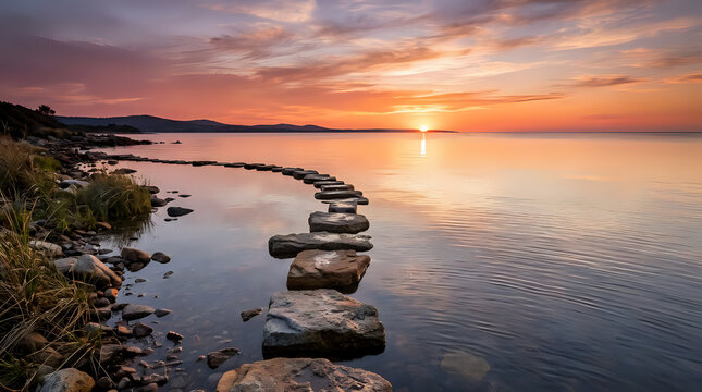 Serene sunset over calm water with stepping stones leading to the horizon