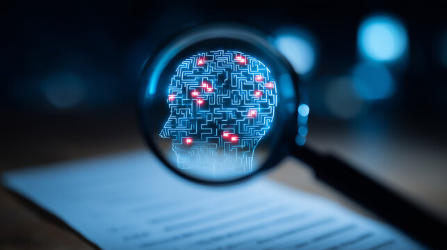 A magnifying glass revealing a maze shaped human head on a document, symbolizing mental analysis and cognitive research.
