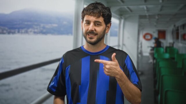 Man points finger at blue football shirt on a ferry deck cabin inside a building, smiling and showing hand gesture; confidence team spirit.