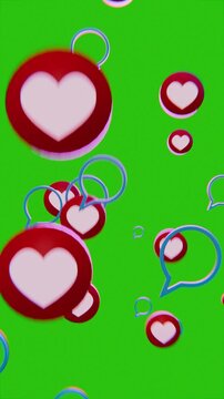 social media love heart like icons and comment speech bubble icons floating upwards, on green screen background
