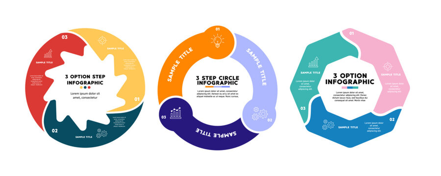 Circle infographic set with 3 section diagram options, for presentations or business reports. Vector editable.