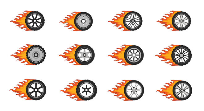 Set of twelve different car wheels and rims with trails of orange fire behind them symbolizing speed racing and high performance driving.