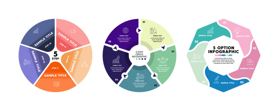 Circle infographic set with 5 section diagram options, for presentations or business reports. Vector editable.
