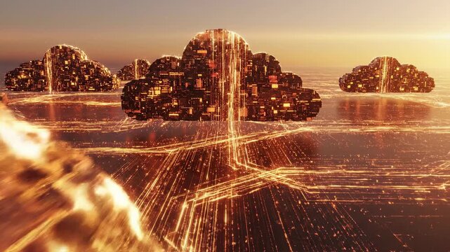 Digital cloud computing network with glowing circuits and data streams, representing global information technology and online storage solutions