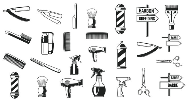 Comprehensive set of black and white vintage barber shop equipment icons including various razors, combs, scissors, sprays, and barber poles.