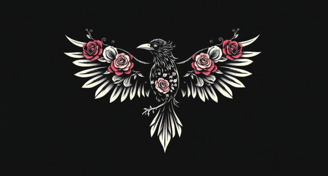 Skull with wings tribal vector tattoo illustration in black vintage heraldic symbol design with floral ornament frame logo