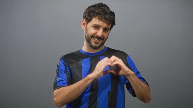 Hispanic man with beard forming heart with hands while wearing blue football jersey in studio smiling and posing for team; affection support.