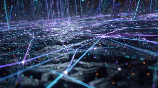 Illuminated digital network grid spreads across a dark, textured landscape.