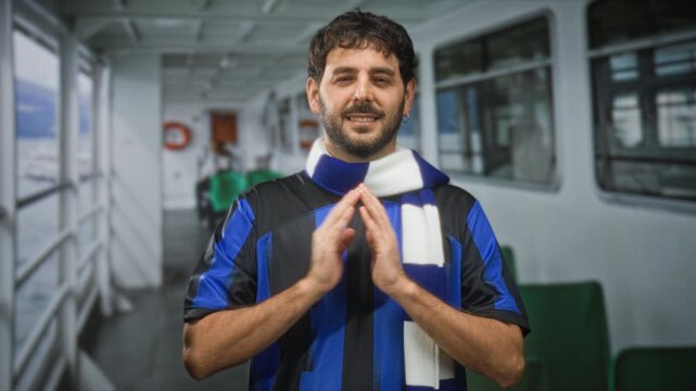 Young man in blue and black football jersey and scarf presses palms together in prayer gesture on a ferry corridor inside a building; quiet hope.