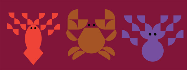 Creative geometric vector illustration featuring abstract squid, crab, and octopus icon designs. Minimal flat style marine animal symbols with modern geometric shapes, ideal for logos, branding, seafo © sofian