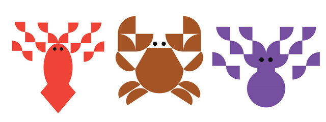 Creative geometric vector illustration featuring abstract squid, crab, and octopus icon designs. Minimal flat style marine animal symbols with modern geometric shapes, ideal for logos, branding, seafo © sofian