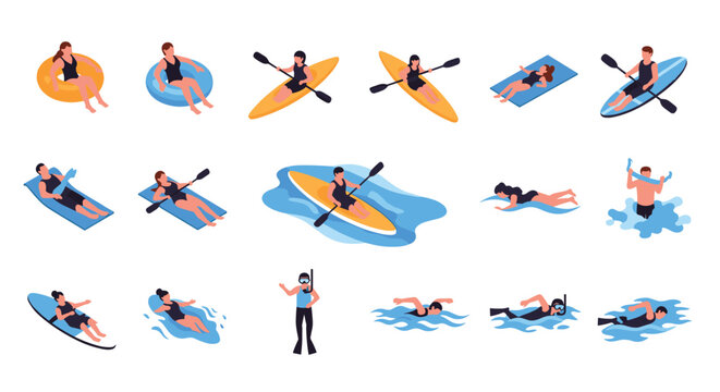 Collection of isometric icons shows various people participating in water sports like kayaking, swimming, and surfing.