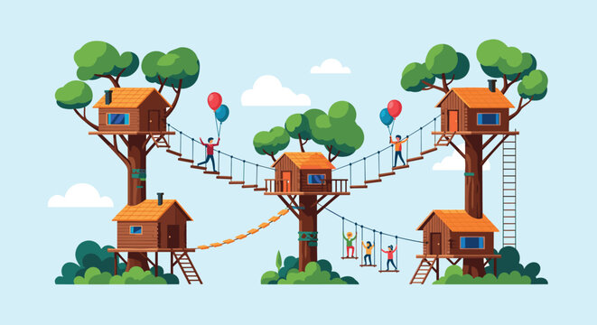 Happy people and children play in wooden treehouses connected by rope bridges and ladders on a bright blue background.
