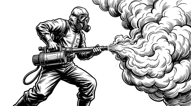 Man in protective suit and gas mask operating a flamethrower emitting smoke and fire
