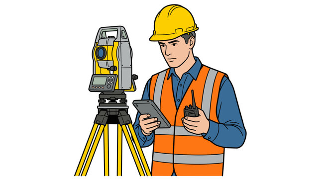 Surveyor wearing hard hat and vest using total station and tablet for land measurement