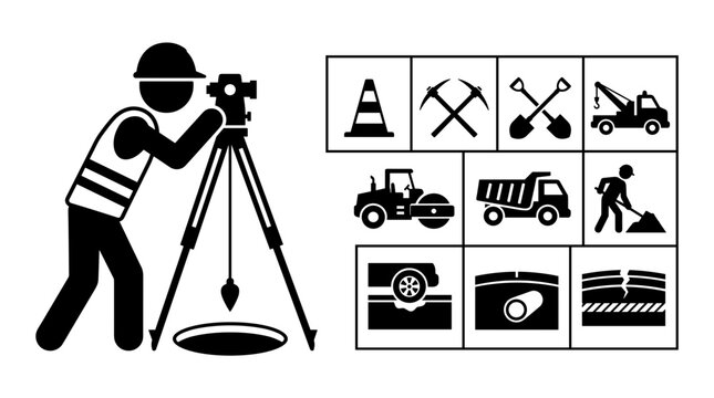 Construction worker with surveying equipment and road construction icons