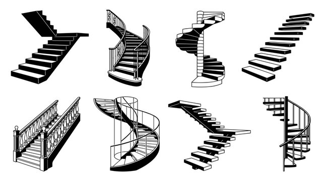 Collection of various staircase designs including straight spiral and curved architectural elements