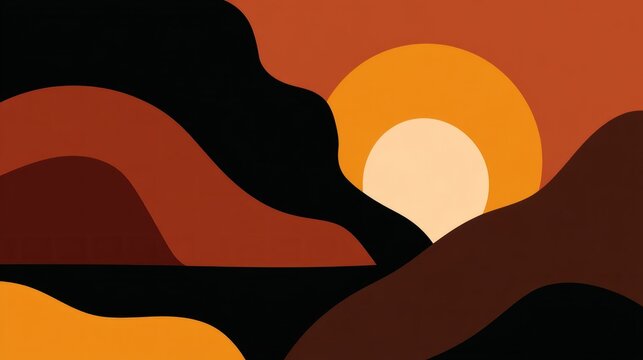 Stylized graphic depiction of a celestial body setting beyond undulating terrain in warm earth tones