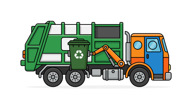 Cartoon garbage truck collecting trash bin with recycling symbol