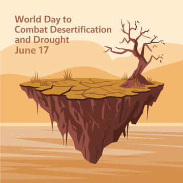 World day to combat desertification and drought conceptual illustration featuring a floating island with a barren dead tree and cracked dry earth soil surface