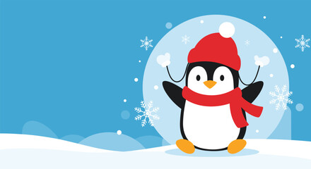Fototapeta premium Cute cartoon penguin wearing a red hat and scarf celebrating in a snowy winter landscape with falling snowflakes on a blue background.