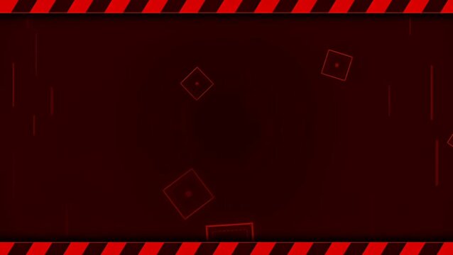 Animated abstract red hazard warning background with floating square lines and under construction tape borders. Ideal for danger alerts, security, and industrial presentation loops