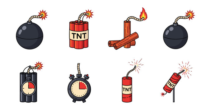 Comprehensive set of explosive icons featuring round bombs, tnt bundles, and dynamite sticks with lit fuses for games and apps.