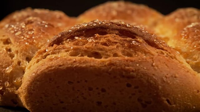 Golden glazed brioche or sweet bread rolls topped with sparkling coarse sugar crystals. macro shot of freshly baked artisanal food texture against a dark background.
