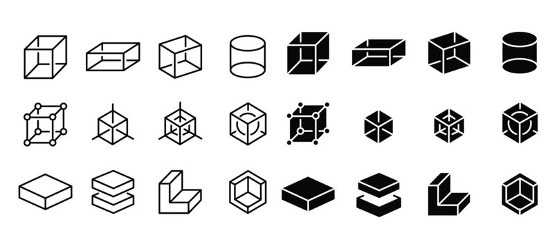 Geometric 3D cube icons set, isometric wireframe and solid block symbols, 24 vector elements for architecture and engineering design