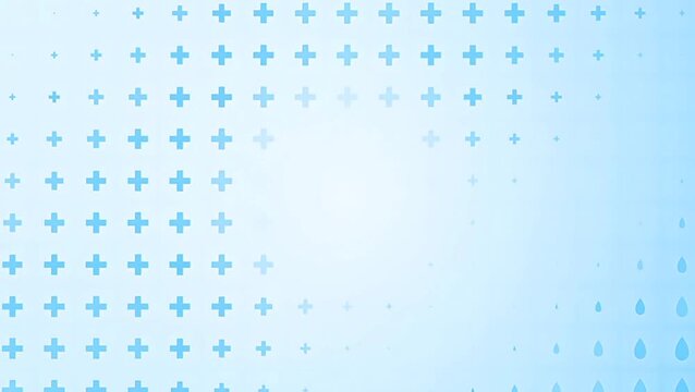 Animated medical background with blue cross icons and falling water drops on a light gradient loop. Perfect for healthcare presentation slides and hygiene science topics.