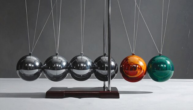 A Newton's cradle showcases a sequence of polished spheres, demonstrating physics concepts through oscillating motion and impact