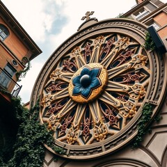 Obraz premium Ornate Floral Rose Window on Urban Building Facade