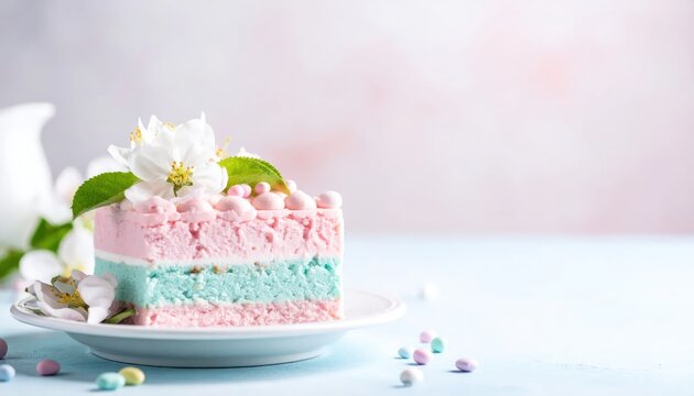 Pastel Pink and Blue Layer Cake Decorated with White Flower on Plate