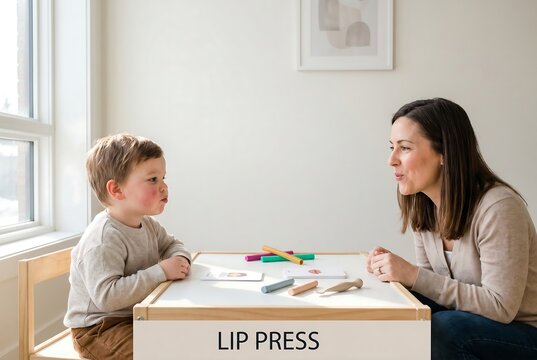 Speech therapist guiding child lip press articulation exercise for speech development