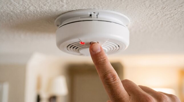 Man finger testing smoke detector mounted on white ceiling. Fire alarm system maintenance and safety check. Domestic security equipment at home for emergency fire prevention and warning.