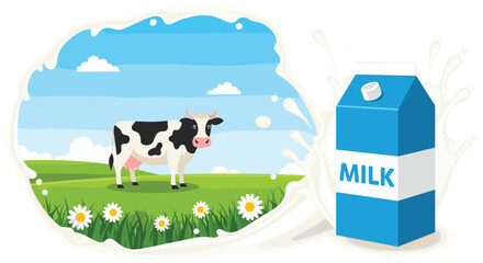 Naklejka premium Milk carton placed next to a large milk splash containing a landscape view of a cow grazing in a serene flower field.