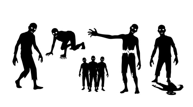 Halloween zombie silhouettes collection, isolated on white background, featuring various poses and decaying elements