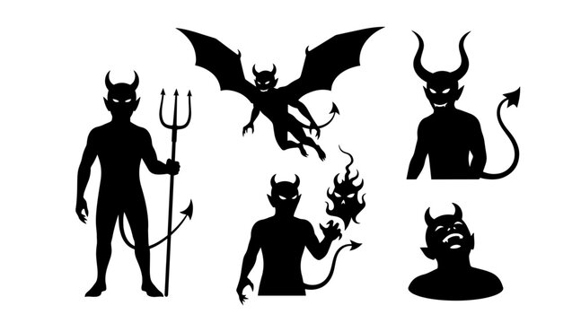Collection of Halloween Devil Silhouettes with Horns, Wings, and Pitchfork, Isolated on White