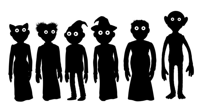 Diverse group of six cartoon silhouette monsters with googly eyes on white background, Halloween characters