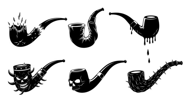 Collection of Six Stylized Halloween Smoking Pipes with Spooky and Macabre Designs