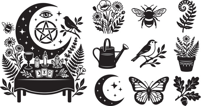 Whimsical black and white mystical nature illustration set