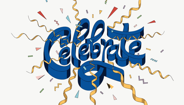 Dynamic Festive Banner Featuring 3D Celebrate Text with Geometric Confetti and Ribbons.eps