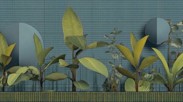 Stylized tropical foliage appears against a textured blue background with geometric shapes