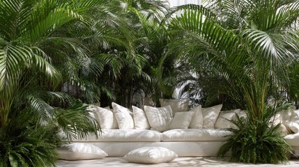 Obraz premium Lush green tropical foliage surrounds a comfortable, oversized outdoor seating arrangement with white cushions.