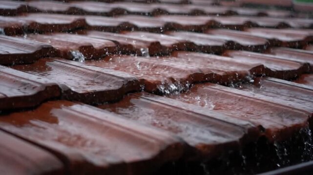 Rain falling on a tiled roof during a storm, close-up view of water droplets.