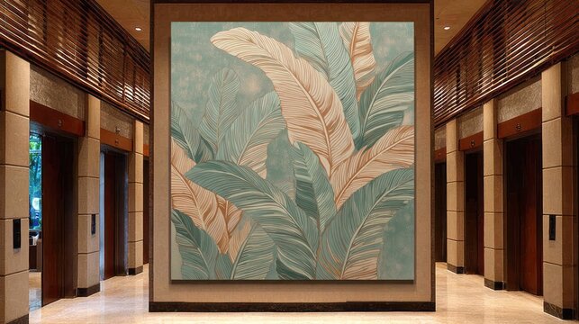 Large botanical artwork dominates the hallway of a modern building lobby featuring multiple elevators