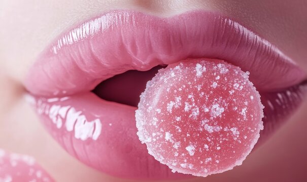 Close-up of luscious pink lips with a shiny gloss are parted to reveal a round, sugared pink gummy candy.
