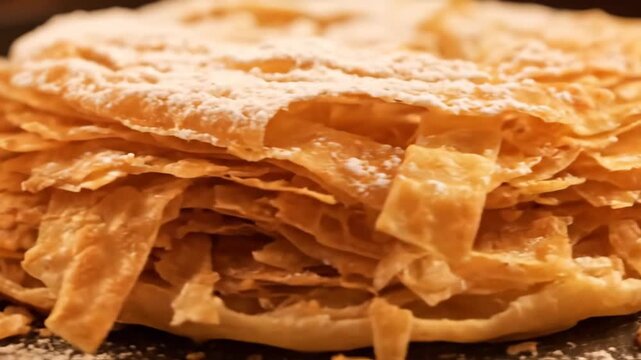 Close-up macro shot of flaky layered puff pastry dessert, possibly a mille-feuille or a traditional greek or italian pastry, heavily dusted with white powdered sugar on a dark background.