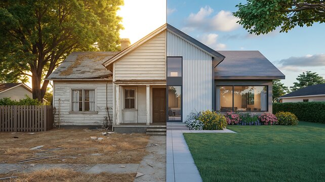 Contrast: dilapidated house side-by-side with a fully renovated modern home real estate renovation